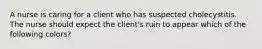 A nurse is caring for a client who has suspected cholecystitis. The nurse should expect the client's ruin to appear which of the following colors?