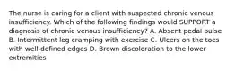 The nurse is caring for a client with suspected chronic venous insufficiency. Which of the following findings would SUPPORT a diagnosis of chronic venous insufficiency? A. Absent pedal pulse B. Intermittent leg cramping with exercise C. Ulcers on the toes with well-defined edges D. Brown discoloration to the lower extremities