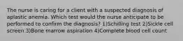 The nurse is caring for a client with a suspected diagnosis of aplastic anemia. Which test would the nurse anticipate to be performed to confirm the diagnosis? 1)Schilling test 2)Sickle cell screen 3)Bone marrow aspiration 4)Complete blood cell count