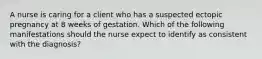 A nurse is caring for a client who has a suspected ectopic pregnancy at 8 weeks of gestation. Which of the following manifestations should the nurse expect to identify as consistent with the diagnosis?