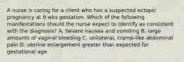 A nurse is caring for a client who has a suspected ectopic pregnancy at 8 wks gestation. Which of the following manifestations should the nurse expect to identify as consistent with the diagnosis? A. Severe nausea and vomiting B. large amounts of vaginal bleeding C. unilateral, cramp-like abdominal pain D. uterine enlargement greater than expected for gestational age