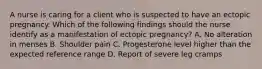 A nurse is caring for a client who is suspected to have an ectopic pregnancy. Which of the following findings should the nurse identify as a manifestation of ectopic pregnancy? A. No alteration in menses B. Shoulder pain C. Progesterone level higher than the expected reference range D. Report of severe leg cramps