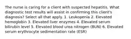 The nurse is caring for a client with suspected hepatitis. What diagnostic test results will assist in confirming this client's diagnosis? Select all that apply. 1. Leukopenia 2. Elevated hemoglobin 3. Elevated liver enzymes 4. Elevated serum bilirubin level 5. Elevated blood urea nitrogen (BUN) 6. Elevated serum erythrocyte sedimentation rate (ESR)