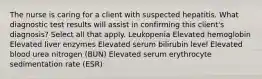 The nurse is caring for a client with suspected hepatitis. What diagnostic test results will assist in confirming this client's diagnosis? Select all that apply. Leukopenia Elevated hemoglobin Elevated liver enzymes Elevated serum bilirubin level Elevated blood urea nitrogen (BUN) Elevated serum erythrocyte sedimentation rate (ESR)