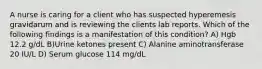 A nurse is caring for a client who has suspected hyperemesis gravidarum and is reviewing the clients lab reports. Which of the following findings is a manifestation of this condition? A) Hgb 12.2 g/dL B)Urine ketones present C) Alanine aminotransferase 20 IU/L D) Serum glucose 114 mg/dL