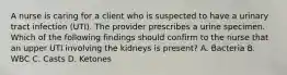 A nurse is caring for a client who is suspected to have a urinary tract infection (UTI). The provider prescribes a urine specimen. Which of the following findings should confirm to the nurse that an upper UTI involving the kidneys is present? A. Bacteria B. WBC C. Casts D. Ketones