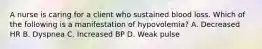 A nurse is caring for a client who sustained blood loss. Which of the following is a manifestation of hypovolemia? A. Decreased HR B. Dyspnea C. Increased BP D. Weak pulse