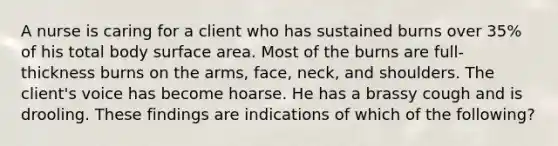 A nurse is caring for a client who has sustained burns over 35% of his total body <a href='https://www.questionai.com/knowledge/kEtsSAPENL-surface-area' class='anchor-knowledge'>surface area</a>. Most of the burns are full-thickness burns on the arms, face, neck, and shoulders. The client's voice has become hoarse. He has a brassy cough and is drooling. These findings are indications of which of the following?