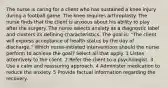 The nurse is caring for a client who has sustained a knee injury during a football game. The knee requires arthroplasty. The nurse finds that the client is anxious about his ability to play after the surgery. The nurse selects anxiety as a diagnostic label and clusters its defining characteristics. The goal is: "The client will express acceptance of health status by the day of discharge." Which nurse-initiated interventions should the nurse perform to achieve the goal? Select all that apply. 1 Listen attentively to the client. 2 Refer the client to a psychologist. 3 Use a calm and reassuring approach. 4 Administer medication to reduce the anxiety. 5 Provide factual information regarding the recovery.