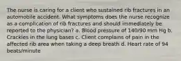 The nurse is caring for a client who sustained rib fractures in an automobile accident. What symptoms does the nurse recognize as a complication of rib fractures and should immediately be reported to the physician? a. Blood pressure of 140/90 mm Hg b. Crackles in the lung bases c. Client complains of pain in the affected rib area when taking a deep breath d. Heart rate of 94 beats/minute