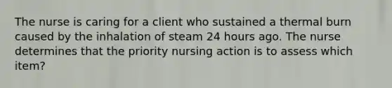 The nurse is caring for a client who sustained a thermal burn caused by the inhalation of steam 24 hours ago. The nurse determines that the priority nursing action is to assess which item?