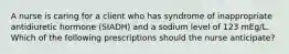 A nurse is caring for a client who has syndrome of inappropriate antidiuretic hormone (SIADH) and a sodium level of 123 mEg/L. Which of the following prescriptions should the nurse anticipate?