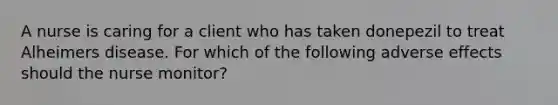 A nurse is caring for a client who has taken donepezil to treat Alheimers disease. For which of the following adverse effects should the nurse monitor?