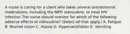 A nurse is caring for a client who takes several antiretroviral medications, including the NRTI zidovudine, to treat HIV infection.The nurse should monitor for which of the following adverse effects of zidovudine? (Select all that apply.) A. Fatigue B. Blurred vision C. Ataxia D. Hyperventilation E. Vomiting