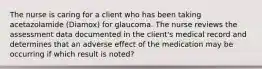 The nurse is caring for a client who has been taking acetazolamide (Diamox) for glaucoma. The nurse reviews the assessment data documented in the client's medical record and determines that an adverse effect of the medication may be occurring if which result is noted?