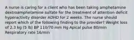 A nurse is caring for a client who has been taking amphetamine dextroamphetamine sulfate for the treatment of attention deficit hyperactivity disorder ADHD for 2 weeks. The nurse should report which of the following finding to the provider? Weight loss of 2.3 kg (5 lb) BP 110/70 mm Hg Apical pulse 80/min Respiratory rate 16/min