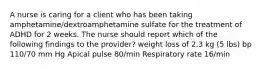 A nurse is caring for a client who has been taking amphetamine/dextroamphetamine sulfate for the treatment of ADHD for 2 weeks. The nurse should report which of the following findings to the provider? weight loss of 2.3 kg (5 lbs) bp 110/70 mm Hg Apical pulse 80/min Respiratory rate 16/min