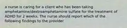 a nurse is caring for a client who has been taking amphetamine/dextroamphetamine sulfate for the treatment of ADHD for 2 weeks. The nurse should report which of the following findings to the provider