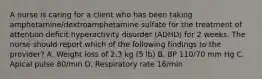 A nurse is caring for a client who has been taking amphetamine/dextroamphetamine sulfate for the treatment of attention deficit hyperactivity disorder (ADHD) for 2 weeks. The nurse should report which of the following findings to the provider? A. Weight loss of 2.3 kg (5 lb) B. BP 110/70 mm Hg C. Apical pulse 80/min D. Respiratory rate 16/min