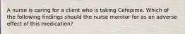 A nurse is caring for a client who is taking Cefepime. Which of the following findings should the nurse monitor for as an adverse effect of this medication?