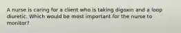A nurse is caring for a client who is taking digoxin and a loop diuretic. Which would be most important for the nurse to monitor?