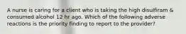 A nurse is caring for a client who is taking the high disulfiram & consumed alcohol 12 hr ago. Which of the following adverse reactions is the priority finding to report to the provider?