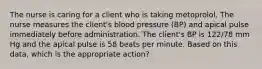 The nurse is caring for a client who is taking metoprolol. The nurse measures the client's blood pressure (BP) and apical pulse immediately before administration. The client's BP is 122/78 mm Hg and the apical pulse is 58 beats per minute. Based on this data, which is the appropriate action?