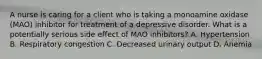 A nurse is caring for a client who is taking a monoamine oxidase (MAO) inhibitor for treatment of a depressive disorder. What is a potentially serious side effect of MAO inhibitors? A. Hypertension B. Respiratory congestion C. Decreased urinary output D. Anemia