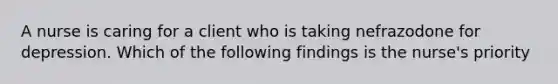 A nurse is caring for a client who is taking nefrazodone for depression. Which of the following findings is the nurse's priority