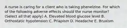 A nurse is caring for a client who is taking phenelzine. For which of the following adverse effects should the nurse monitor? (Select all that apply) A. Elevated blood glucose level B. Orthostatic hypotension C. Priapism D. Headache E. Bruxism