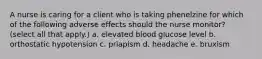 A nurse is caring for a client who is taking phenelzine for which of the following adverse effects should the nurse monitor? (select all that apply.) a. elevated blood glucose level b. orthostatic hypotension c. priapism d. headache e. bruxism