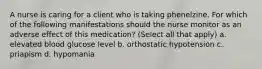 A nurse is caring for a client who is taking phenelzine. For which of the following manifestations should the nurse monitor as an adverse effect of this medication? (Select all that apply) a. elevated blood glucose level b. orthostatic hypotension c. priapism d. hypomania