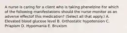 A nurse is caring for a client who is taking phenelzine For which of the following manifestations should the nurse monitor as an adverse effectof this medication? (Select all that apply.) A. Elevated blood glucose level B. Orthostatic hypotension C. Priapism D. Hypomania E. Bruxism