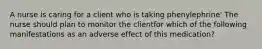 A nurse is caring for a client who is taking phenylephrine' The nurse should plan to monitor the clientfor which of the following manifestations as an adverse effect of this medication?