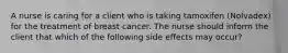 A nurse is caring for a client who is taking tamoxifen (Nolvadex) for the treatment of breast cancer. The nurse should inform the client that which of the following side effects may occur?