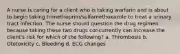 A nurse is caring for a client who is taking warfarin and is about to begin taking trimethoprim/sulfamethoxazole to treat a urinary tract infection. The nurse should question the drug regimen because taking these two drugs concurrently can increase the client's risk for which of the following? a. Thrombosis b. Ototoxicity c. Bleeding d. ECG changes