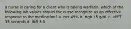 a nurse is caring for a client who is taking warfarin. which of the following lab values should the nurse recognize as an effective response to the medication? a. Hct 45% b. Hgb 15 g/dL c. aPPT 35 seconds d. INR 3.0