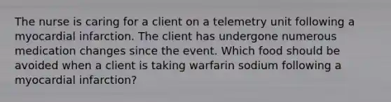 The nurse is caring for a client on a telemetry unit following a myocardial infarction. The client has undergone numerous medication changes since the event. Which food should be avoided when a client is taking warfarin sodium following a myocardial infarction?