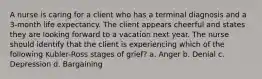 A nurse is caring for a client who has a terminal diagnosis and a 3-month life expectancy. The client appears cheerful and states they are looking forward to a vacation next year. The nurse should identify that the client is experiencing which of the following Kubler-Ross stages of grief? a. Anger b. Denial c. Depression d. Bargaining