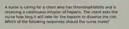 A nurse is caring for a client who has thrombophlebitis and is receiving a continuous infusion of heparin. The client asks the nurse how long it will take for the heparin to dissolve the clot. Which of the following responses should the nurse make?