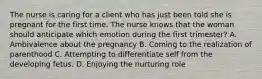 The nurse is caring for a client who has just been told she is pregnant for the first time. The nurse knows that the woman should anticipate which emotion during the first trimester? A. Ambivalence about the pregnancy B. Coming to the realization of parenthood C. Attempting to differentiate self from the developing fetus. D. Enjoying the nurturing role