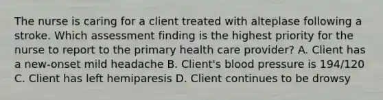 The nurse is caring for a client treated with alteplase following a stroke. Which assessment finding is the highest priority for the nurse to report to the primary health care provider? A. Client has a new-onset mild headache B. Client's blood pressure is 194/120 C. Client has left hemiparesis D. Client continues to be drowsy