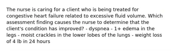 The nurse is caring for a client who is being treated for congestive heart failure related to excessive fluid volume. Which assessment finding causes the nurse to determine that the client's condition has improved? - dyspnea - 1+ edema in the legs - moist crackles in the lower lobes of the lungs - weight loss of 4 lb in 24 hours