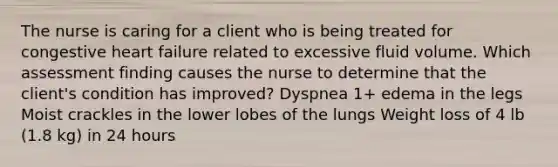 The nurse is caring for a client who is being treated for congestive heart failure related to excessive fluid volume. Which assessment finding causes the nurse to determine that the client's condition has improved? Dyspnea 1+ edema in the legs Moist crackles in the lower lobes of the lungs Weight loss of 4 lb (1.8 kg) in 24 hours