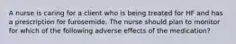 A nurse is caring for a client who is being treated for HF and has a prescription for furosemide. The nurse should plan to monitor for which of the following adverse effects of the medication?