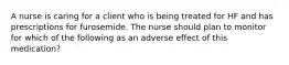 A nurse is caring for a client who is being treated for HF and has prescriptions for furosemide. The nurse should plan to monitor for which of the following as an adverse effect of this medication?