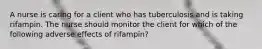 A nurse is caring for a client who has tuberculosis and is taking rifampin. The nurse should monitor the client for which of the following adverse effects of rifampin?