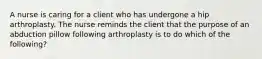 A nurse is caring for a client who has undergone a hip arthroplasty. The nurse reminds the client that the purpose of an abduction pillow following arthroplasty is to do which of the following?