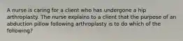 A nurse is caring for a client who has undergone a hip arthroplasty. The nurse explains to a client that the purpose of an abduction pillow following arthroplasty is to do which of the following?