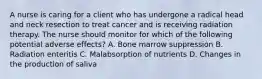 A nurse is caring for a client who has undergone a radical head and neck resection to treat cancer and is receiving radiation therapy. The nurse should monitor for which of the following potential adverse effects? A. Bone marrow suppression B. Radiation enteritis C. Malabsorption of nutrients D. Changes in the production of saliva